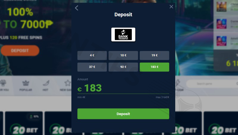 Select the amount to deposit into 20Bet