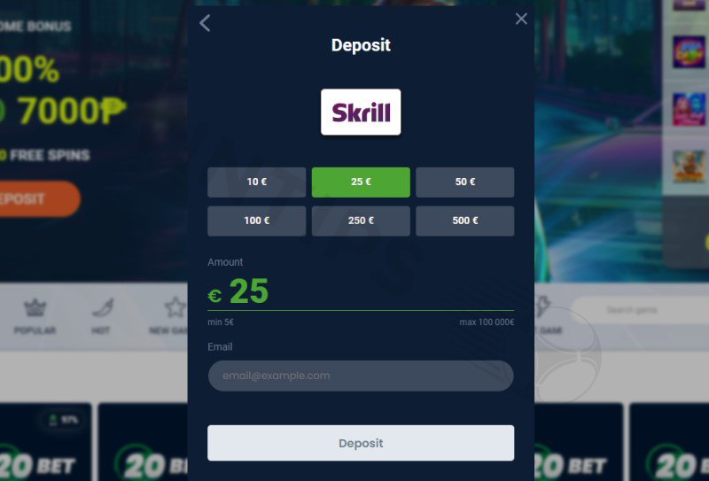 Fill in 20Bet deposit information using e-wallet