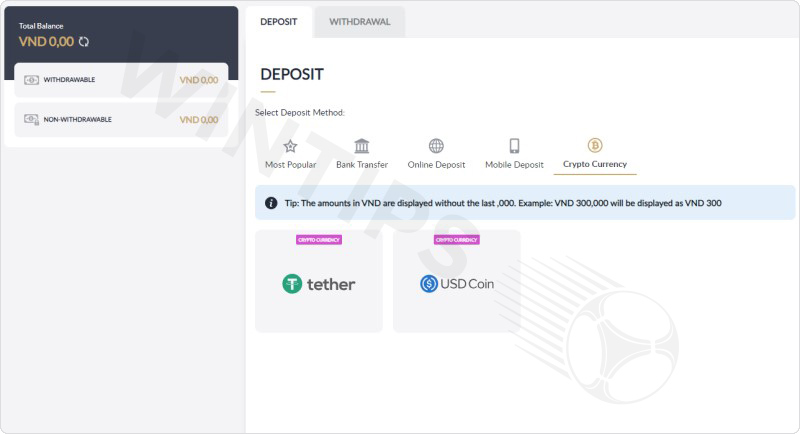 Choose a method of depositing money with cryptocurrency