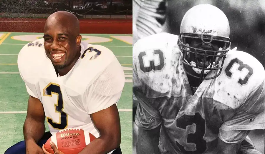 ondon Fletcher wearing the St. Louis Rams uniform, preparing for a defensive play during the 1999 Super Bowl season