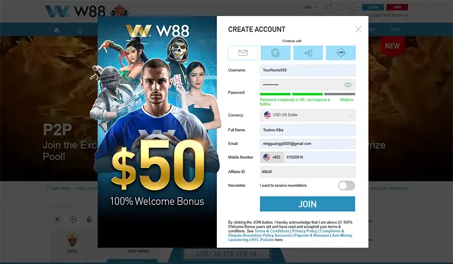 Enter W88 registration information