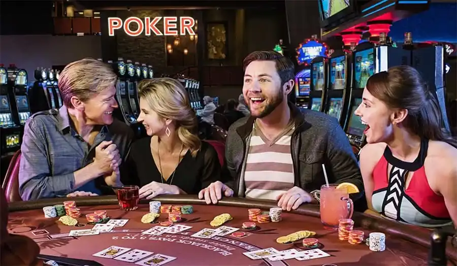 Player winning blackjack hand with chips