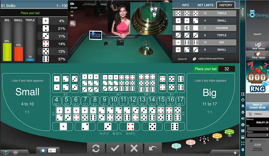 Sic bo table layout with betting areas