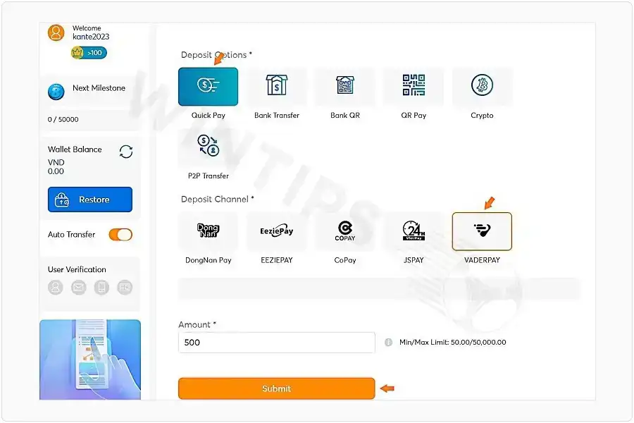 Deposit money into betting account at BK8