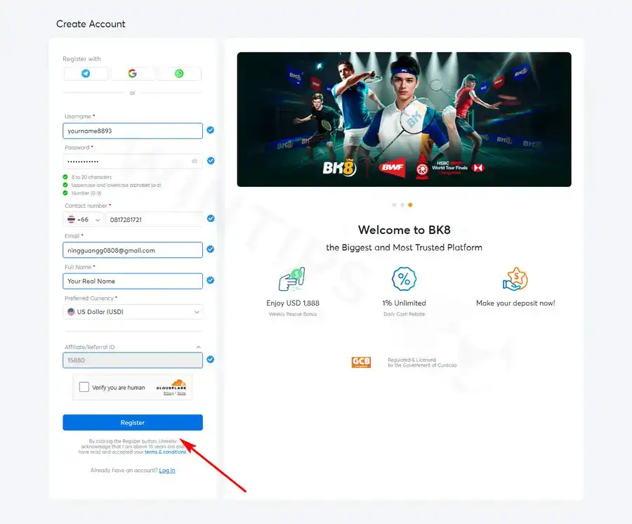 Register BK8 betting account