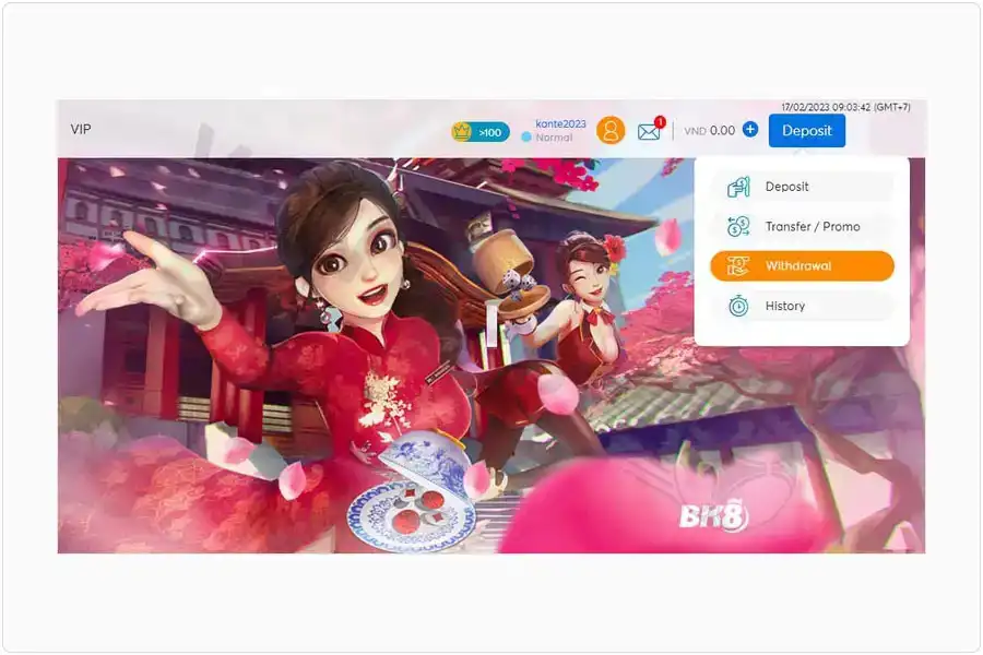 Withdraw money when winning bets at BK8