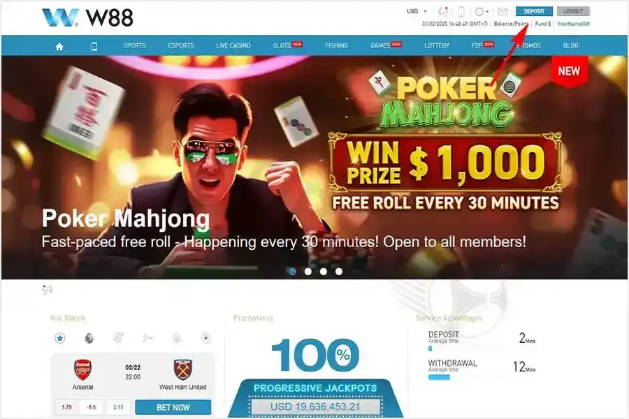 Deposit money into betting account at W88