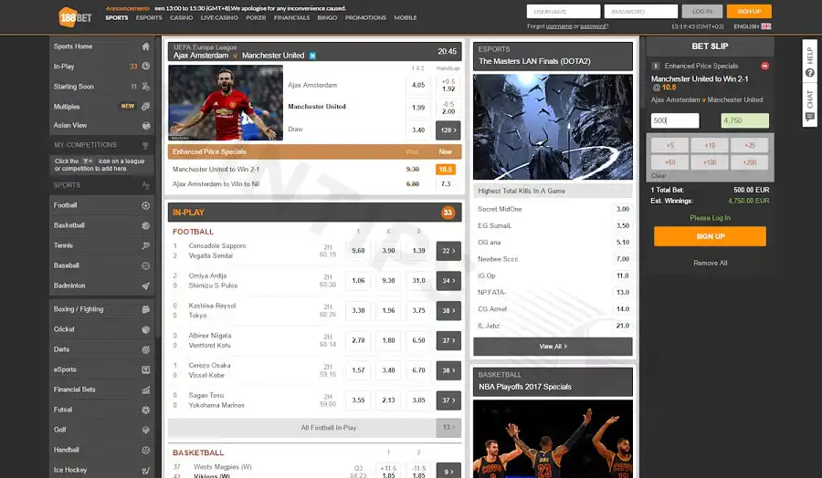 188Bet has a friendly interface and live odds