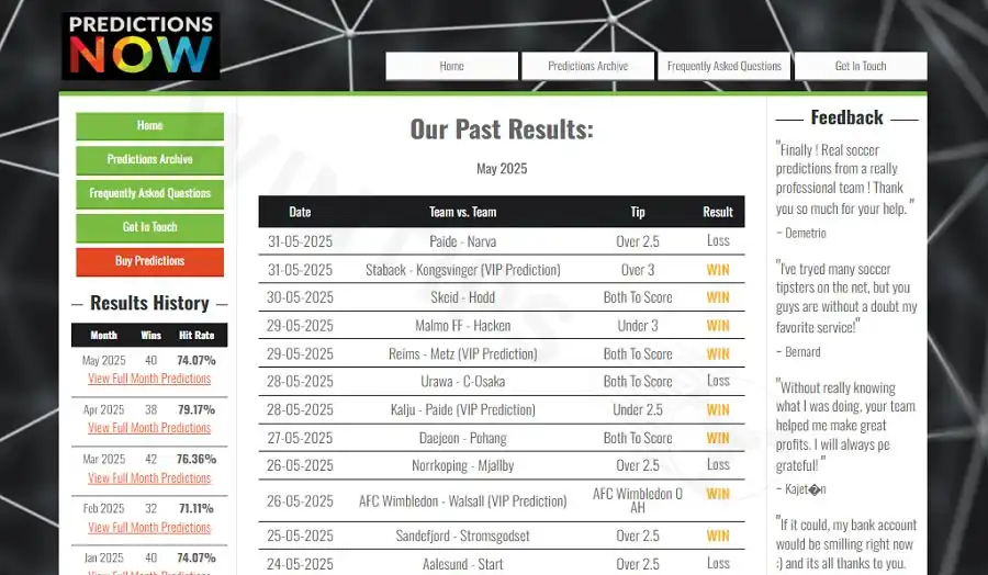 PredictionsNow has reputable soccer tips, detailed analysis, high winning rate and transparency