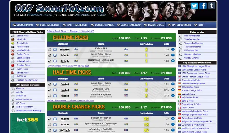 007SoccerPicks - Professional international website with 1X2 tips with specific analysis and clear effective statistics
