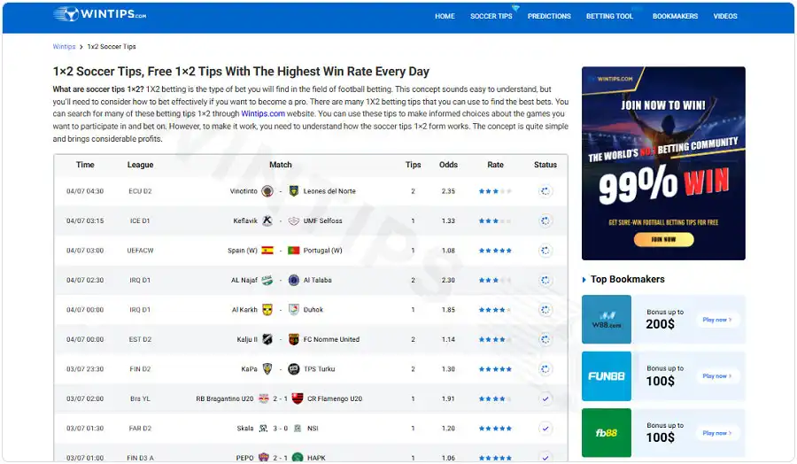 Wintips - A reputable free tips site, combining real-life experience and professional 1X2 betting instructions