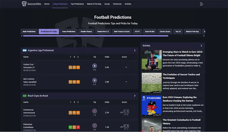 Explore today’s top football predictions and expert tips on SoccerSite.com