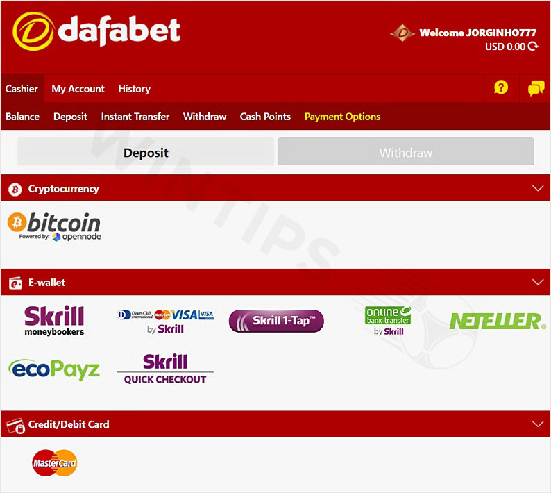 Deposit Methods at Dafabet