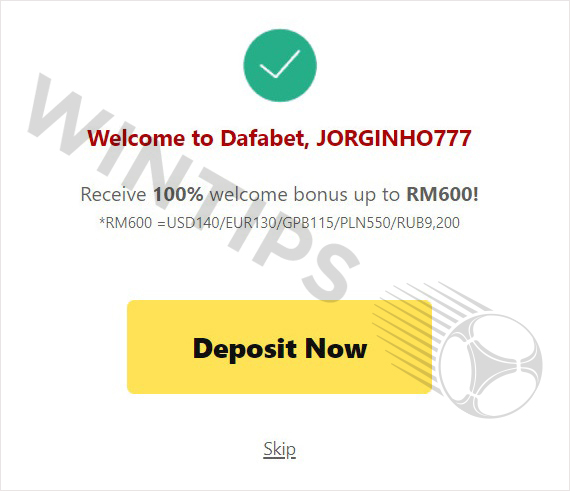 Successful registration of a Dafabet account