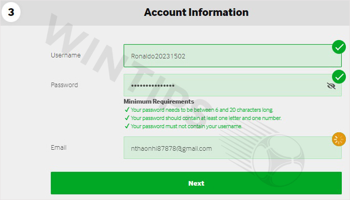 Enter account information to create with Betway