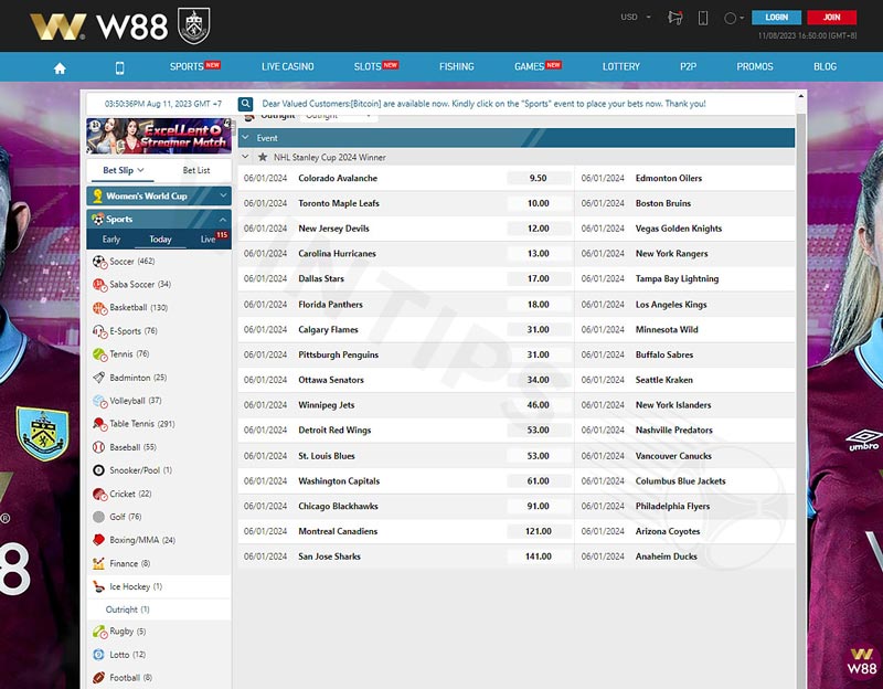 Registering for Ice Hockey betting on W88 is entirely free of charge