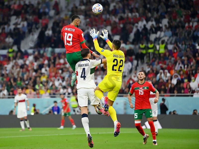 Morocco’s En Nesyri (No. 19) header against Portugal in the quarter-finals of the WC 2022