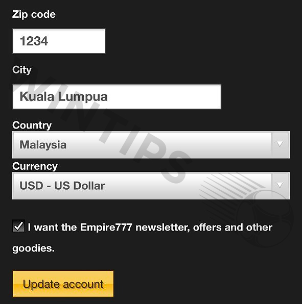 Complete your EMPIRE777 mobile registration details