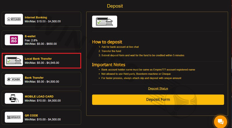 Choose Local Bank Transfer Deposit