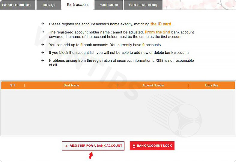 Bank account registration interface