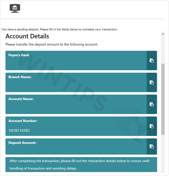 The bookmaker HappyLuke  displays the transaction address depending on the bank