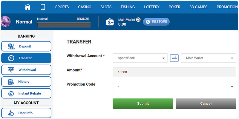 Transfer funds from the game to the main account CMD368