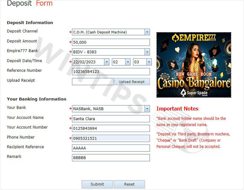 Fill in the deposit information in the form