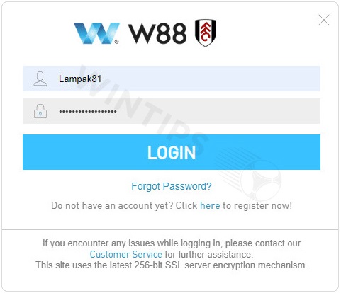Bookmaker login interface W88