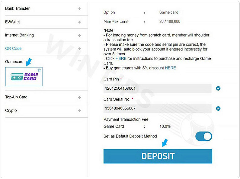 Deposit with Gamecard