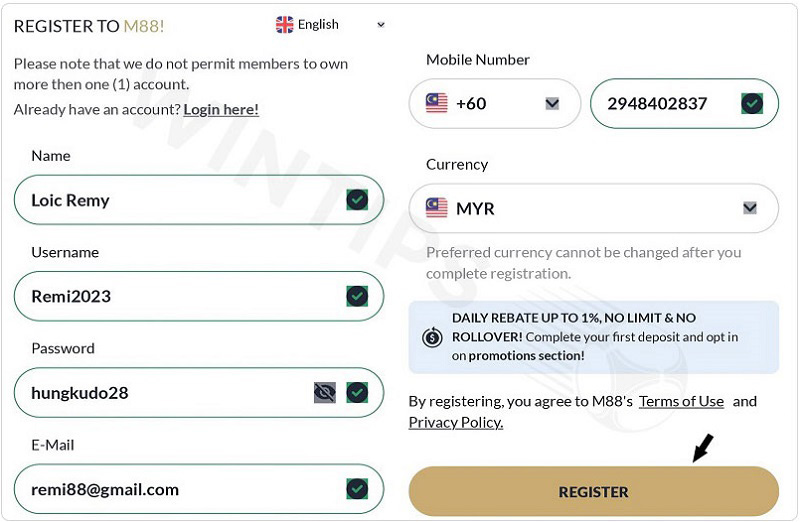 Fill in the M88 registration information on the phone