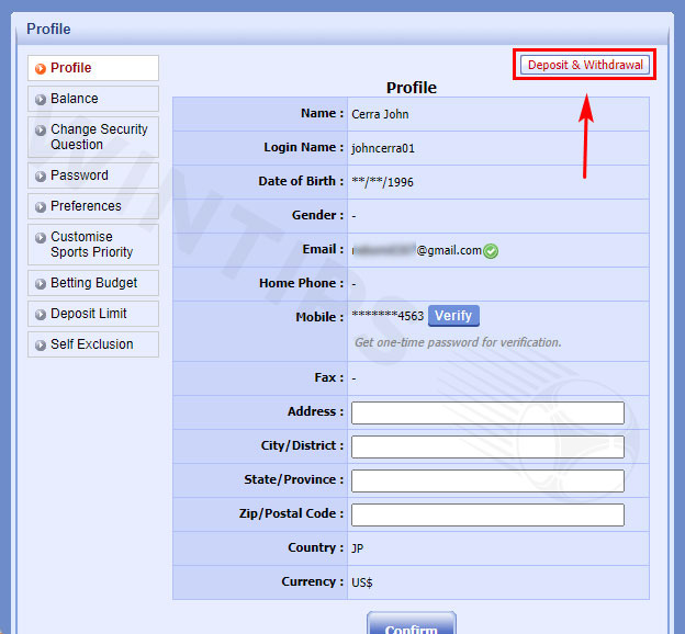 Move to the Sbobet deposit/withdrawal area