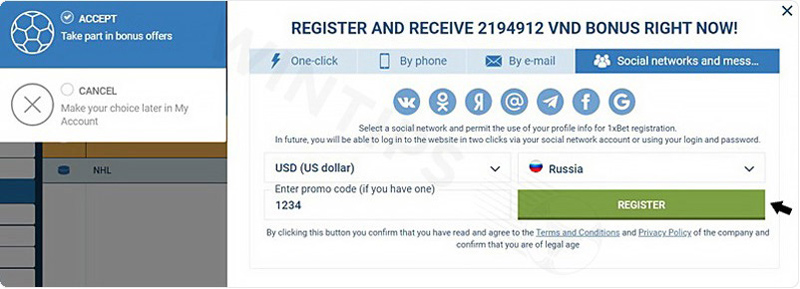 Register 1XBET account with Social networks and messengers