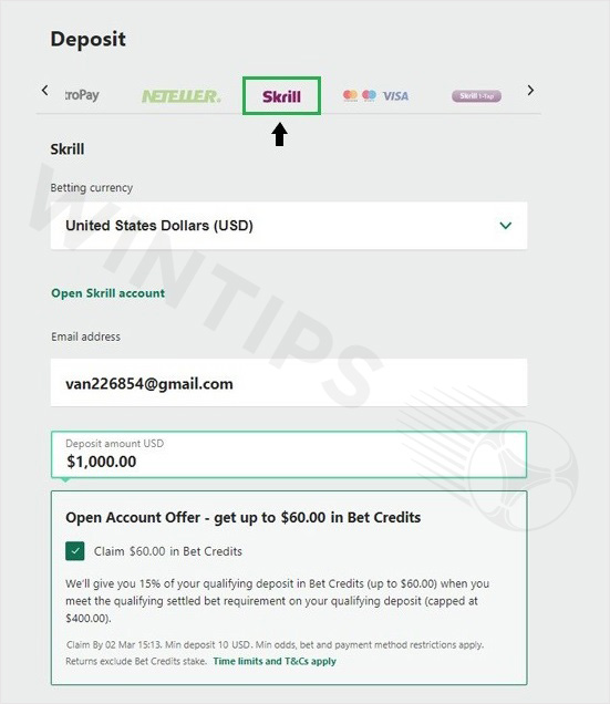 Select the Skrill method and enter the deposit infrmation