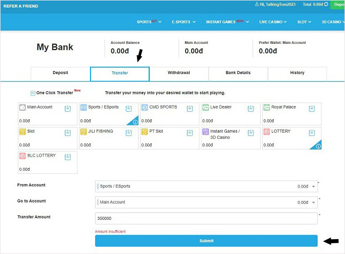 Transfer funds to the main account