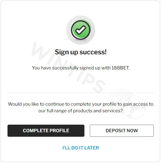 Confirm successful registration188Bet