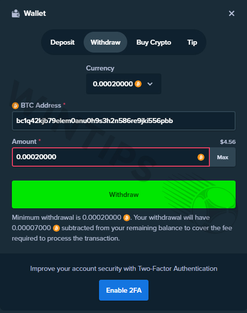 Fill in the amount you want to withdraw and click withdraw