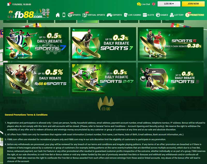 List of promotions at FB88 Esport Betting Web