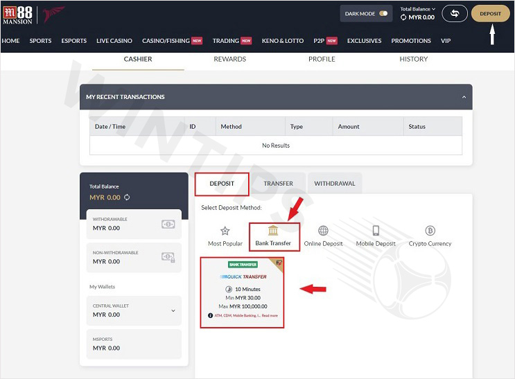 Choose a bank transfer deposit method