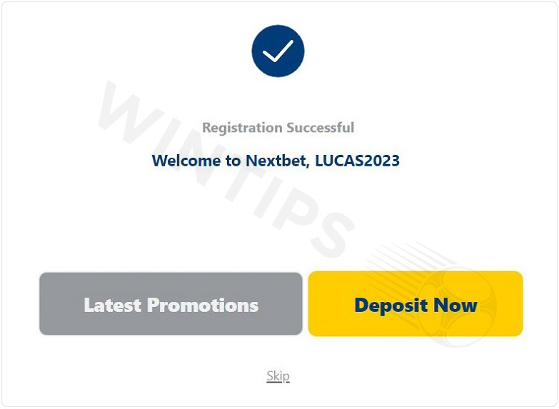 Confirmation of successful Nextbet Account Registration